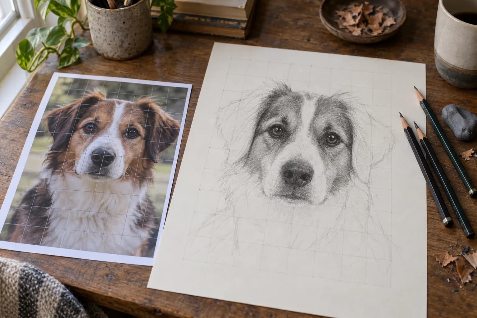 A gridded color photo of a brown and white dog beside a matching gridded sheet of drawing paper, where a graphite drawing of the same dog has finished eyes and nose and loosely sketched ears.