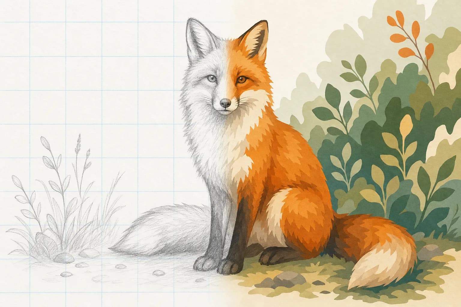 Split illustration: a pencil grid drawing of a sitting fox on the left transforming into a finished flat-color paint-by-number fox on the right.