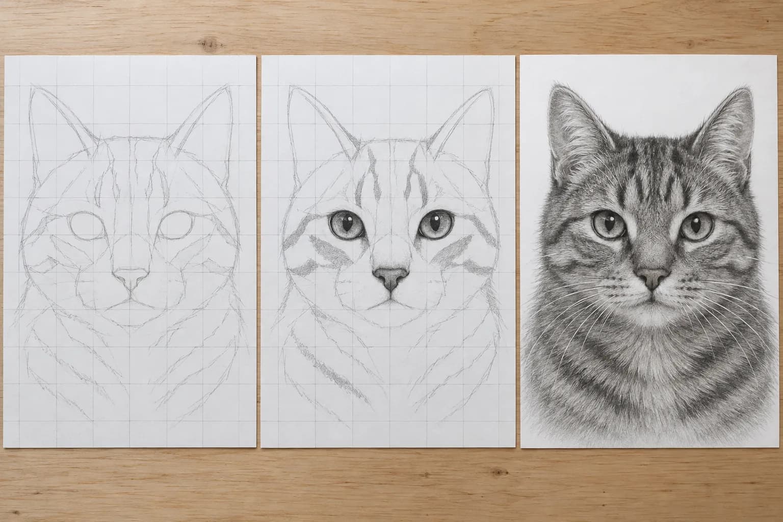 Three graphite drawings of the same tabby cat at different stages: light construction lines on a faint grid, then finished eyes and nose with the stripes mapped as flat shapes, then the completed drawing with fur texture and the grid erased.