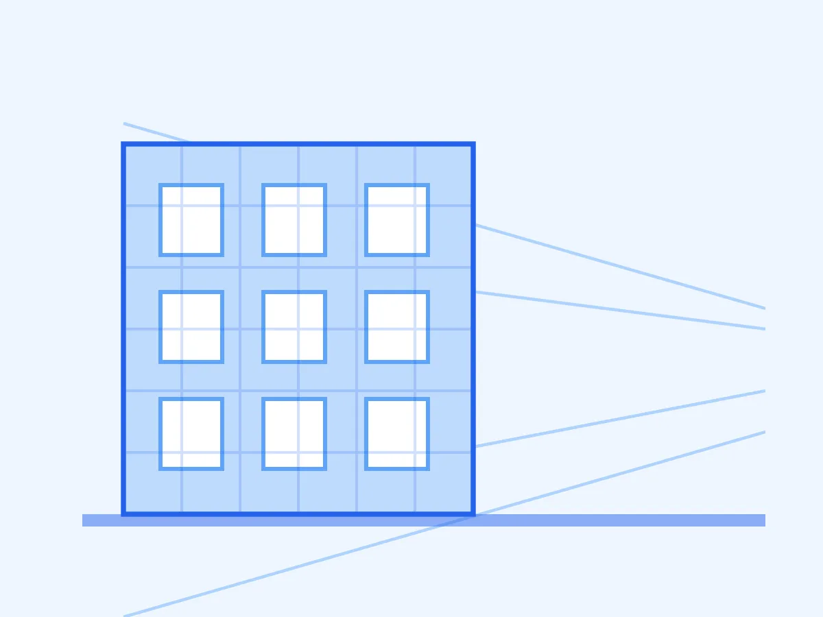 Building facade with perspective lines and a fine grid