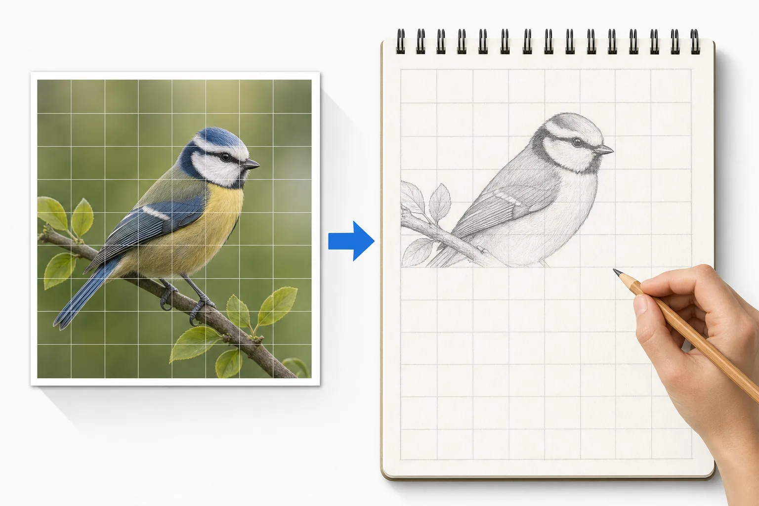The grid method for drawing illustrated: a reference photo of a bird with a grid overlay on the left, and a sketchbook on the right where the same grid is used to redraw the bird square by square.